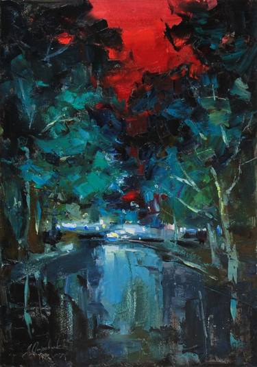 "Night reflections" Original landscape Oil painting on panel thumb