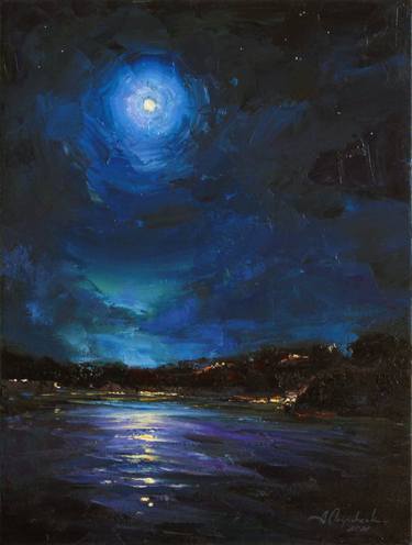 "Under the full moon" Original landscape Oil painting on canvas thumb