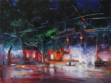 "Night street" Original landscape Oil painting on panel thumb
