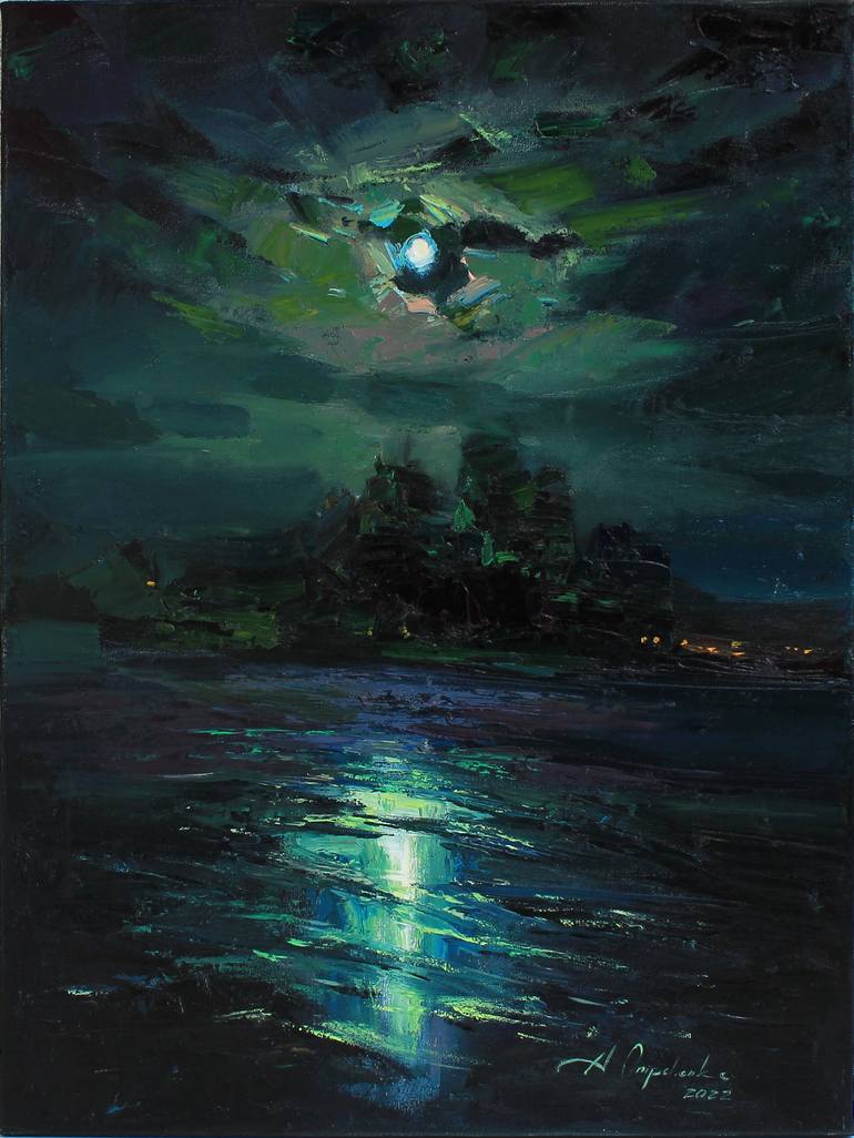 Full moon in green Original landscape Oil painting on canvas Painting ...