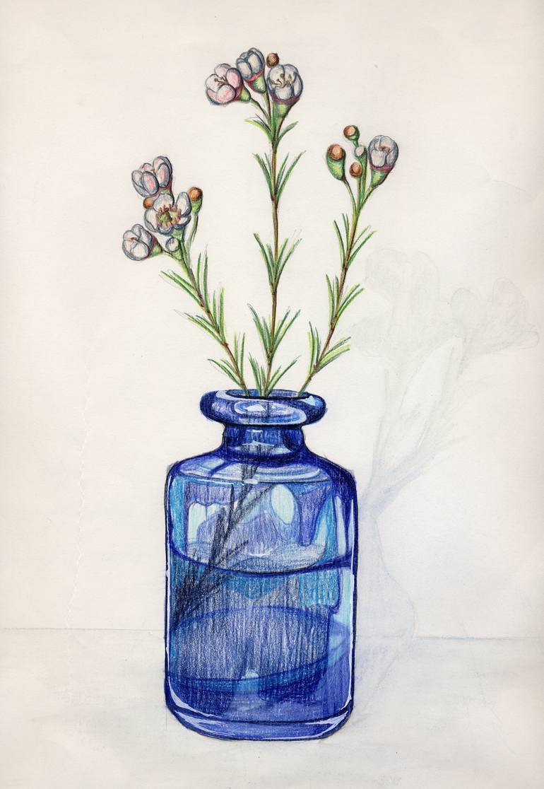 Blue Bottle With Flower Stalks Drawing by Sarah McAleer | Saatchi Art