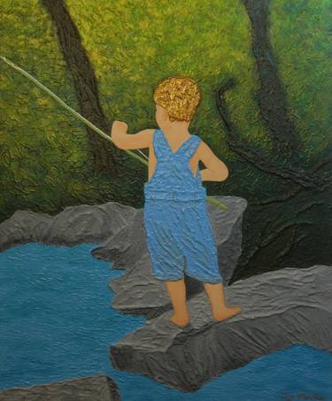 Little Angler at Work - Contemporary impressionist figurative landscape, fishing adventure painting with texture in bold relief thumb