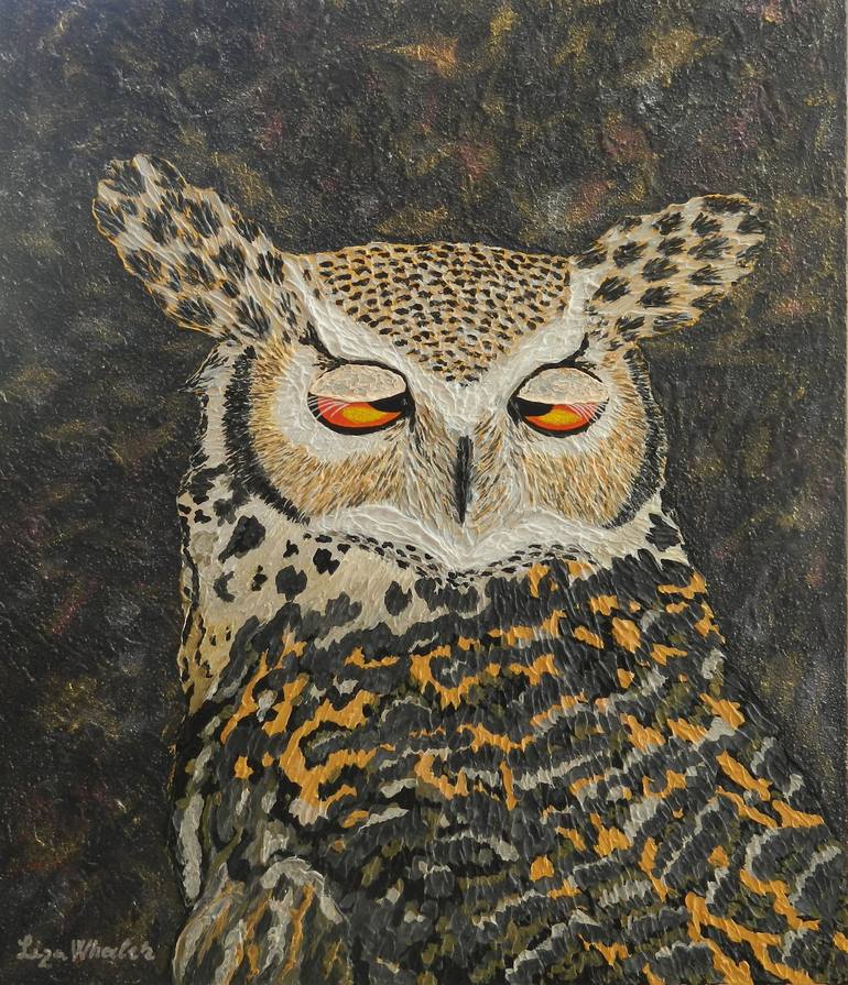 Coffee - impressionist horned owl impasto palette knife painting with  texture Painting by Liza Wheeler