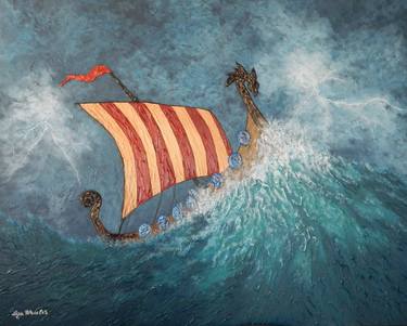 Dragon´s Vengeance - Viking boat on stormy sea, painting with texture thumb