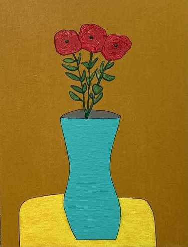 Red Flowers with Teal Vase thumb
