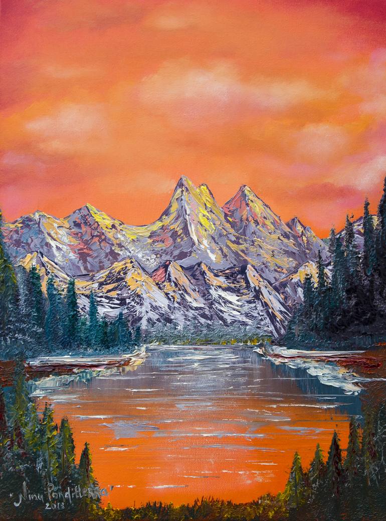 Mountains landscape at sunset - original oil painting Painting