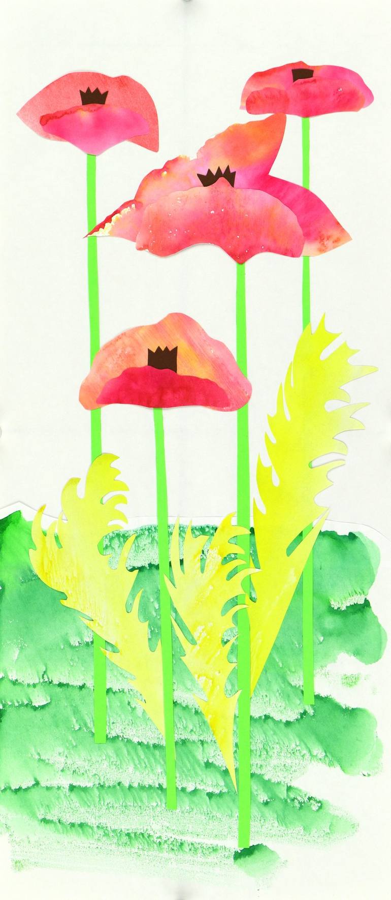 Original Floral Collage by Tamila Zayferd | Impressionism Art on Paper | Red poppies with yellow leaves