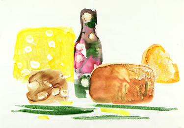 Still life with hard cheese, green onions and bread thumb