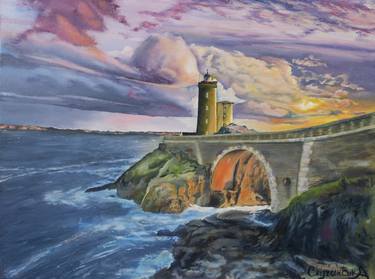 Lighthouse Painting Oil on Canvas Original Art Sunset Bridge Painting Seascape Artwork Ocean Wall Art thumb