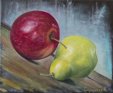 Pear Painting Apple Oil on Canvas Original Art Fruit Still Life Botanical Artwork Kitchen Wall Art thumb
