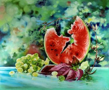 Watermelon Painting Grape Oil on Canvas Original Art Fruit Still Life Botanical Artwork Kitchen Wall Art thumb