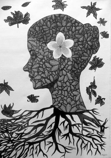 Woman Leaf art Portrait Painting with roots greyscale thumb