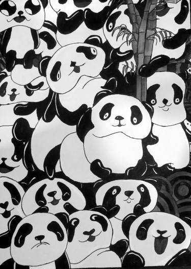 Panda Doodling Acrylic painting in grey scale thumb