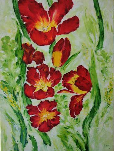 Blossom series. Red tulips, oil painting on canvas, palette knife thumb