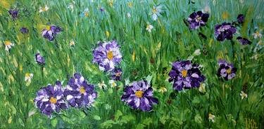 Blossom series. Purple flowers, oil painting on canvas, palette knife thumb