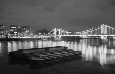 Barges on the Thames, Chelsea Bridge, London thumb