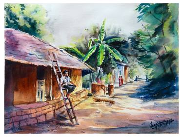 Original Impressionism Rural life Paintings by Lasya Upadhyaya