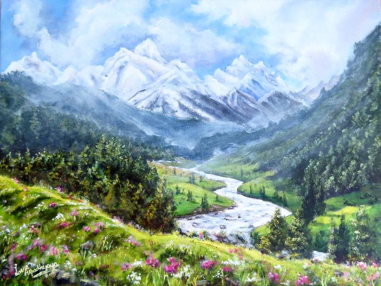 Misty mountains of Kashmir valley Painting by Lasya Upadhyaya