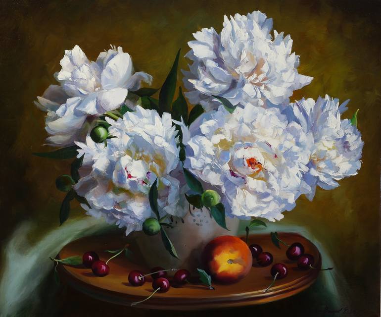 Still life. Peonies and fruits. Painting by Vylusk Olena | Saatchi Art