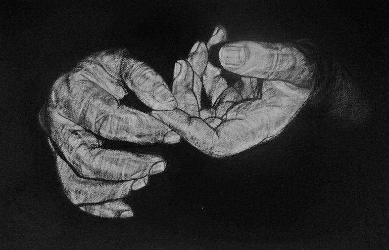 Drawing on black paper using white charcoal 