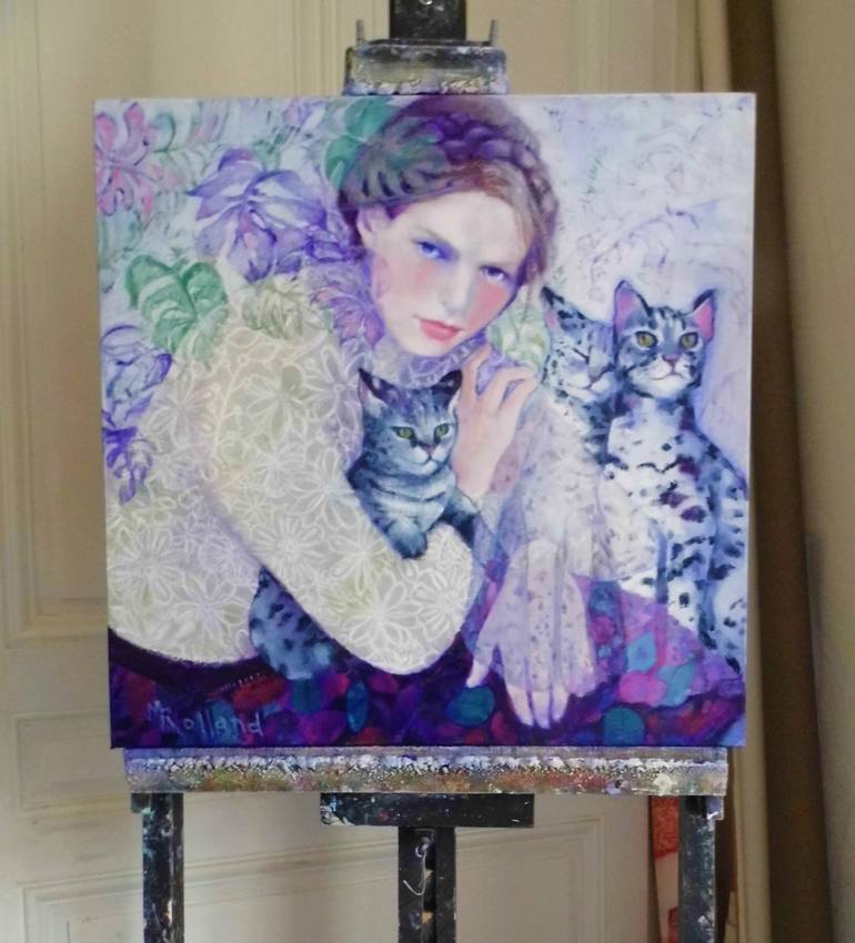 Original Figurative Cats Painting by Mireille Rolland