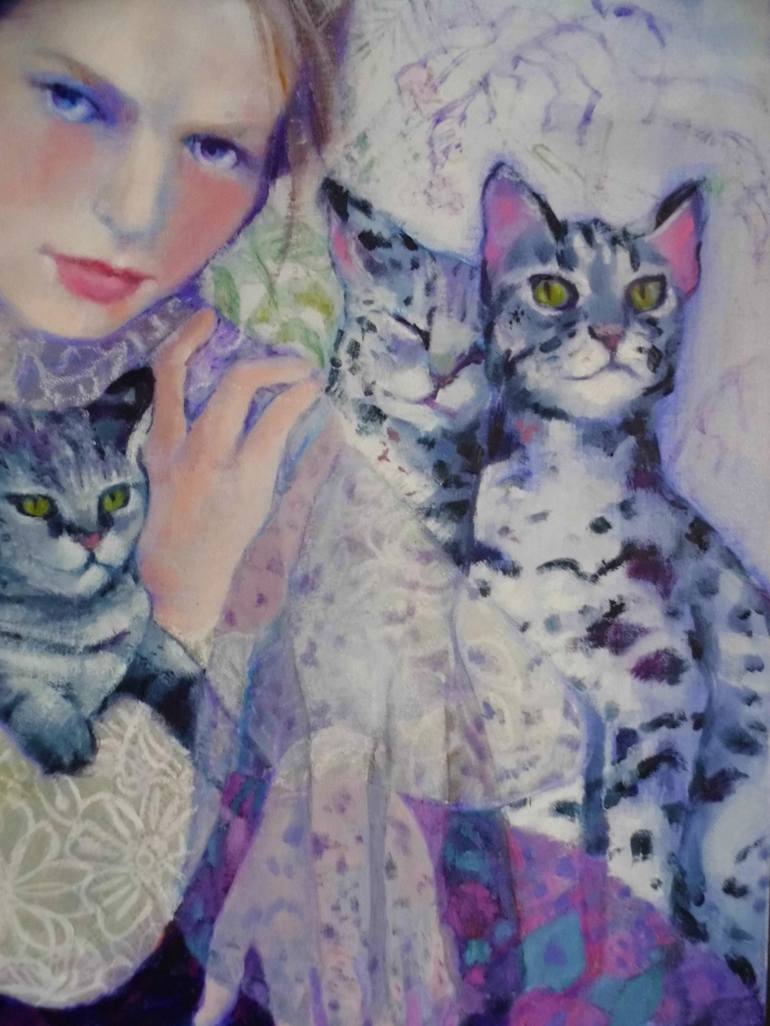 Original Figurative Cats Painting by Mireille Rolland