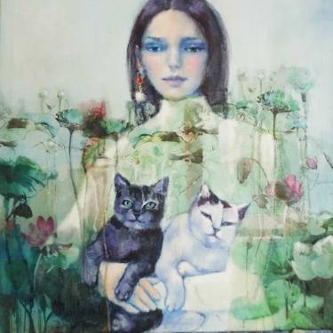 Original Figurative Cats Paintings by Mireille Rolland