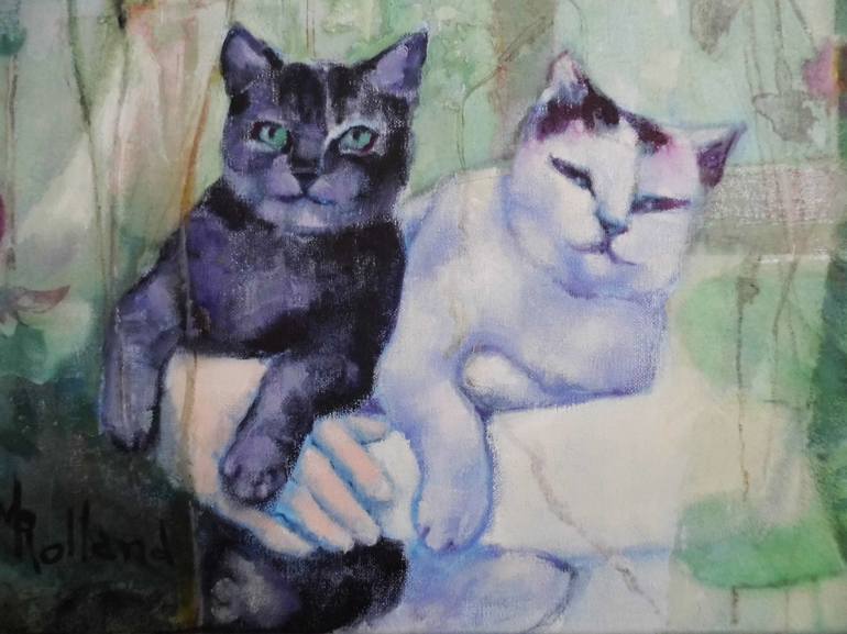 Original Art Nouveau Cats Painting by Mireille Rolland