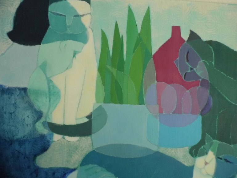 Original Art Deco Cats Painting by Mireille Rolland