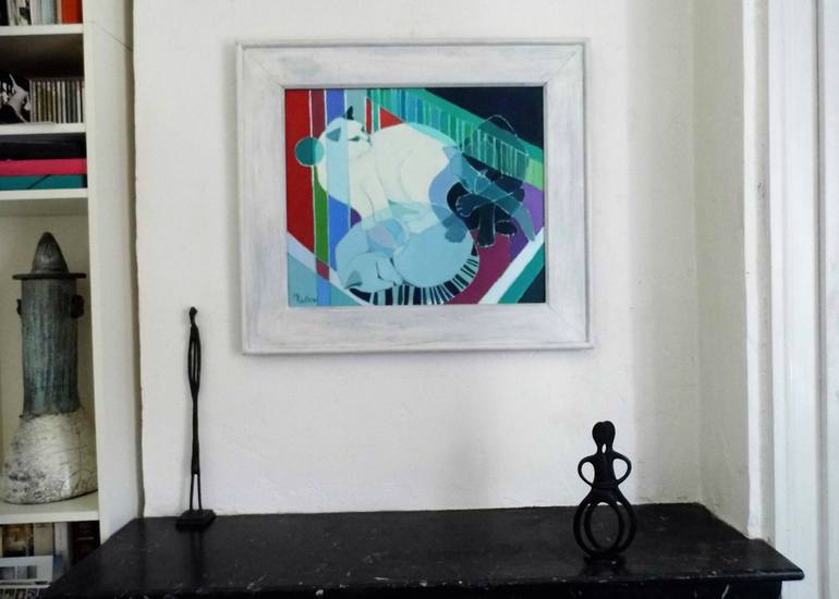 Original Art Deco Cats Painting by Mireille Rolland