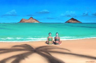 Two girls in the waves at Lanikai Beach, Hawaii thumb