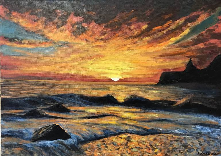 Sunset at the beach Painting by Elena Franko Khimenes | Saatchi Art