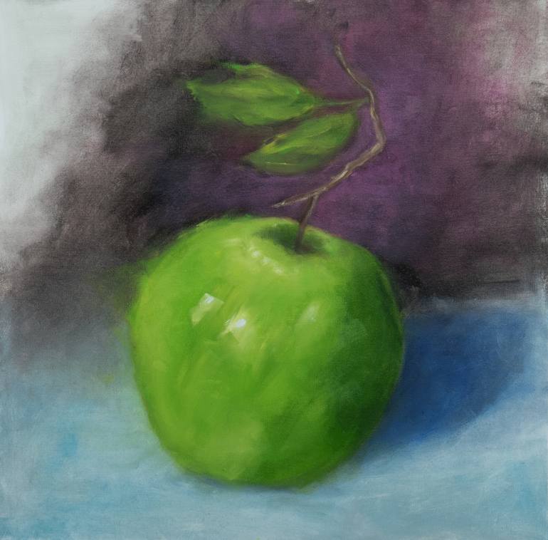 Original Still Life Painting by S H Khan | Contemporary Art on Canvas | Green Apple 2