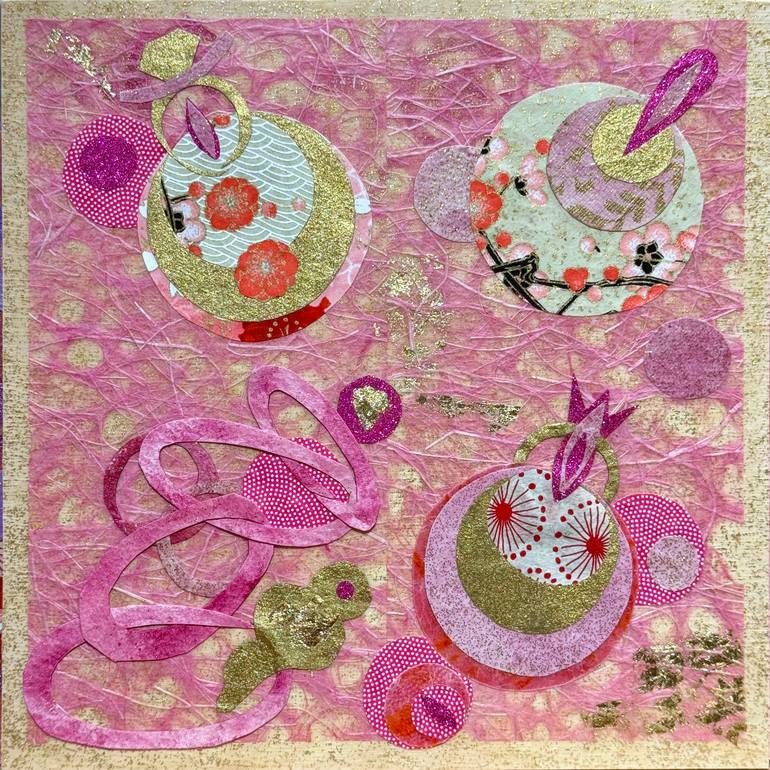 Original Abstract Mixed Media by Katherine Baronet | Abstract Expressionism Art on Wood | Pink and Gold Angel Bubbles