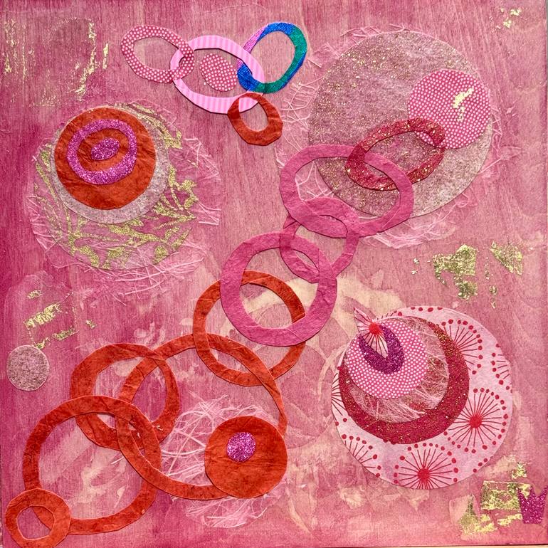 Original Abstract Mixed Media by Katherine Baronet | Abstract Expressionism Art on Wood | Red, Pink and Gold Angel Bubbles