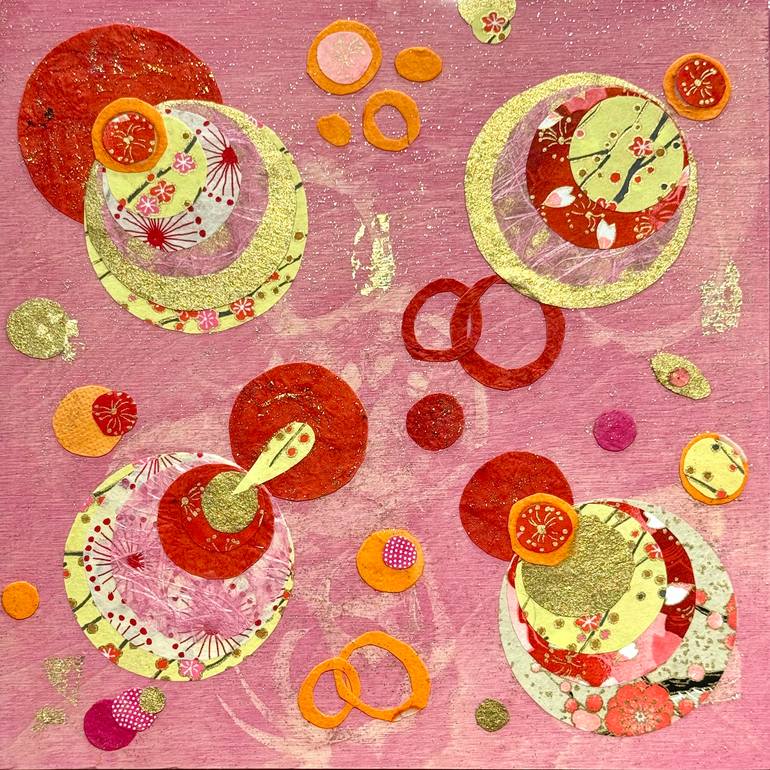 Original Abstract Mixed Media by Katherine Baronet | Abstract Expressionism Art on Panel | Red, Pink, Orange and Gold Angel Bubbles