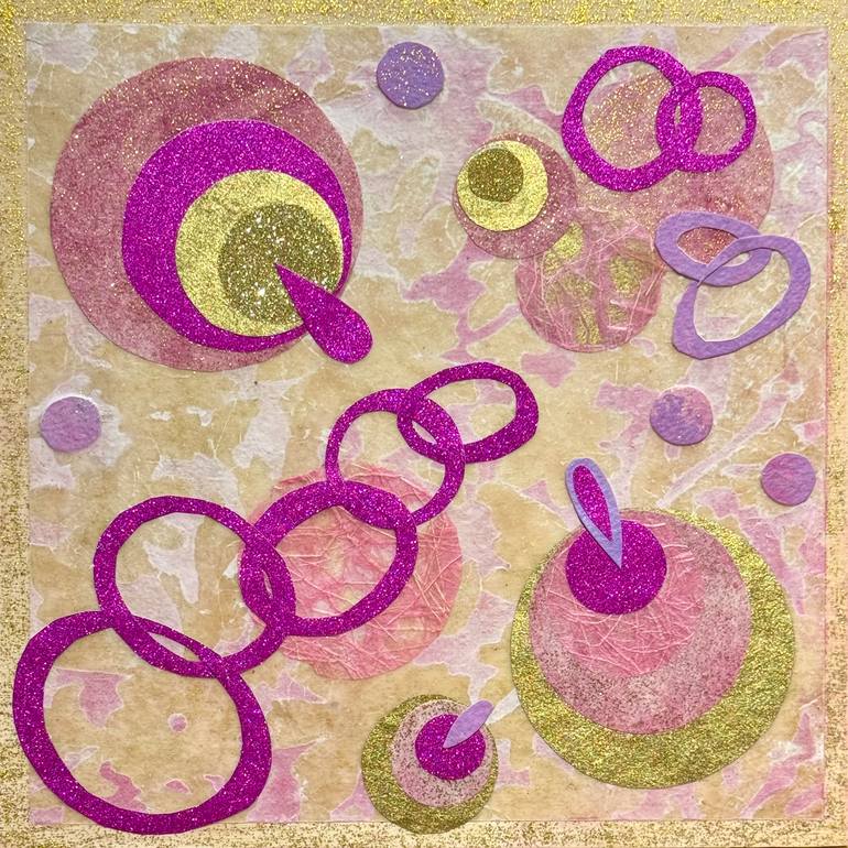 Original Abstract Mixed Media by Katherine Baronet | Abstract Expressionism Art on Panel | Red, Pink, Orange and Gold Angel Bubbles
