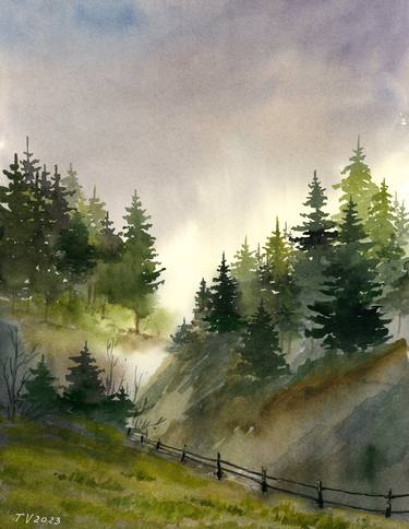 Misty Forest. Watercolor painting. thumb