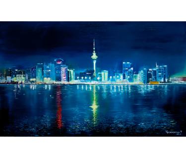 Night city. Oil painting. Cityscape. Seascape. Original. Canvas. Landscape. thumb