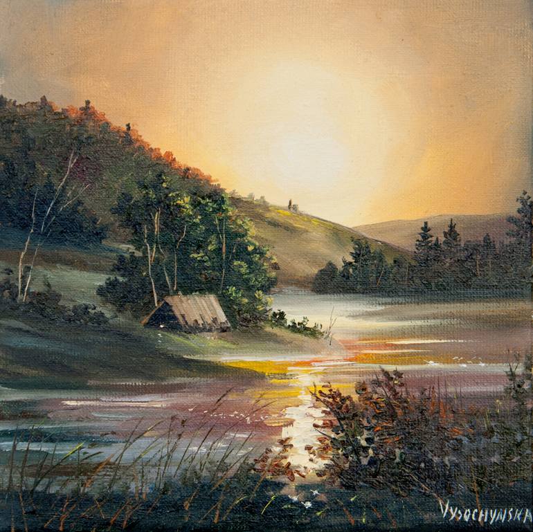 Original Miniature Sunset Landscape Painting Art 