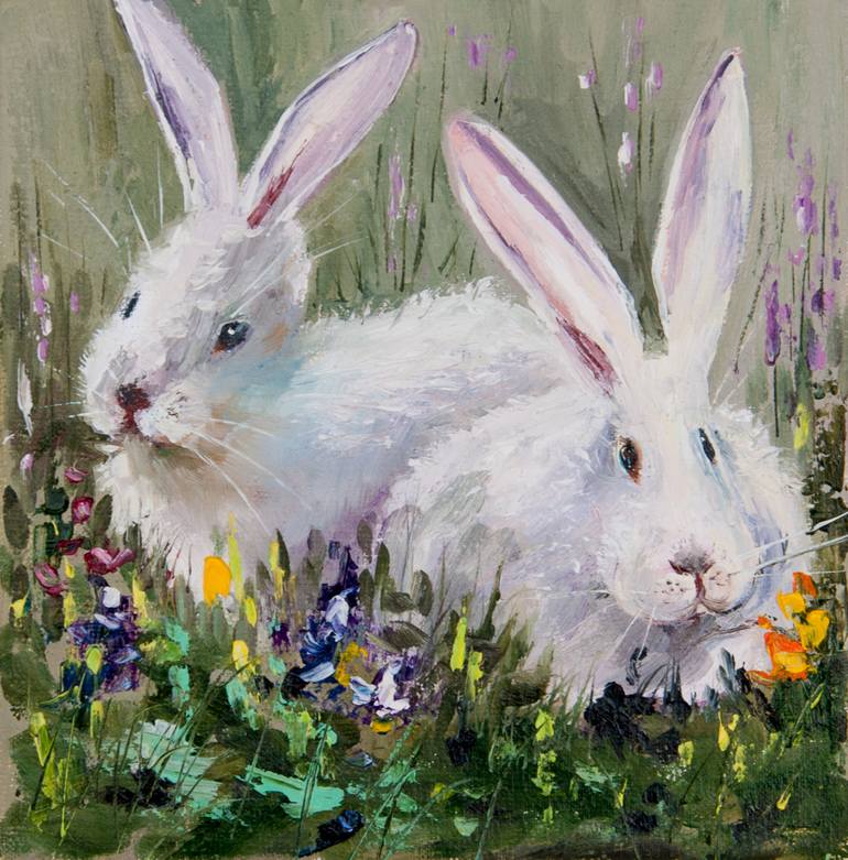 White bunnies. Oil painting. Canvas