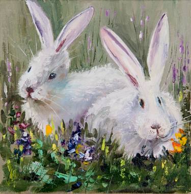 White bunnies. Oil painting. Canvas. thumb