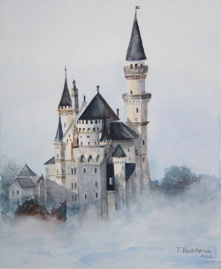 Neuschwanstein castle in Germany. Watercolor painting. 11 x 9 in