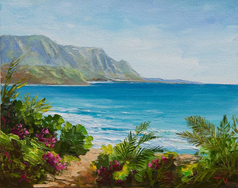American landscape,impasto,Oil Painting,Palm trees Painting,Pacific Ocean painting Hawaii Painting,Bougainvillea art Sea Art Original Art