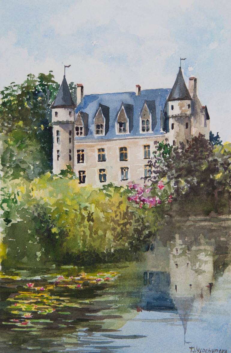 French castle on shore lake. Watercolor painting. - Print