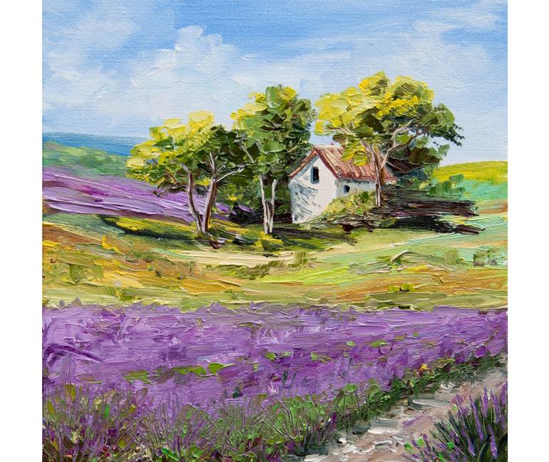 Lavender field miniature painting on a small canvas