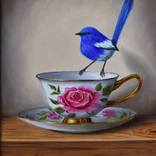 Fairy-wren on rose tea cup by Natasha Junmanee