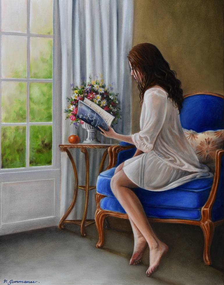 woman reading book art