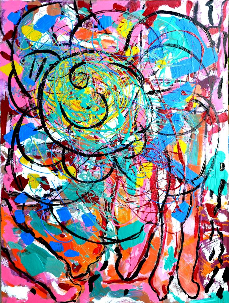 Gratitude Flowers Peace - Painting in Blue Green Red Pink Orange Multicolor - Print