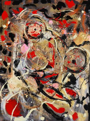 Open Eyes to What is Real - Abstract Action Painting in Gold Red and Black thumb